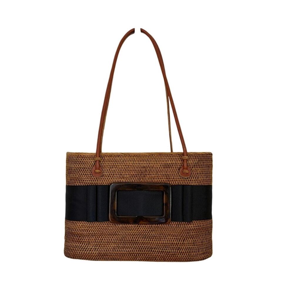 Lisi Lerch Charlotte Handwoven Wicker Tote Bag Black Ribbon Tortoise Buckle